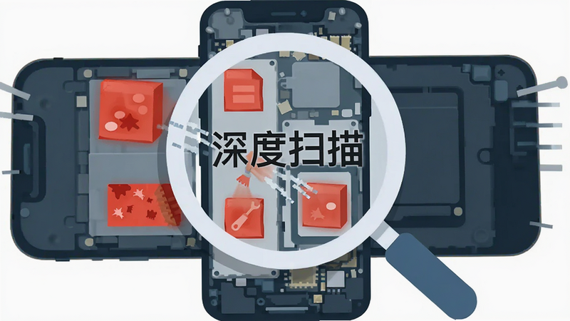 多效能清理助手 深度扫描过程图,主体为放大镜图标聚焦于手机内部结构,布局中心对称,排版简洁,风格扁平化设计,细节展示被高亮的红色垃圾文件块被清除,画质清晰,干净,无多余元素,文字显示