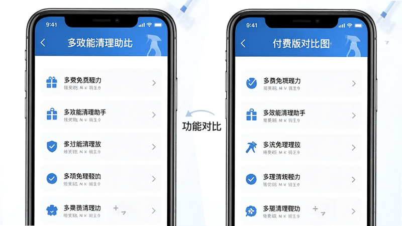 多效能清理助手 免费版与付费版对比图,主体为两个并列的手机界面,布局左右对比,排版清晰,风格商务蓝,细节显示功能列表差异,画质高清,干净,无多余元素,文字显示
