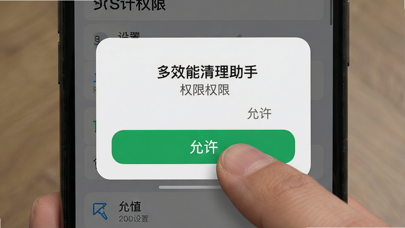 多效能清理助手 权限设置界面,主体为手机设置弹窗,布局居中,排版规范,风格系统原生UI,细节显示“允许”按钮被手指点击,画质清晰,干净,无多余元素,文字显示