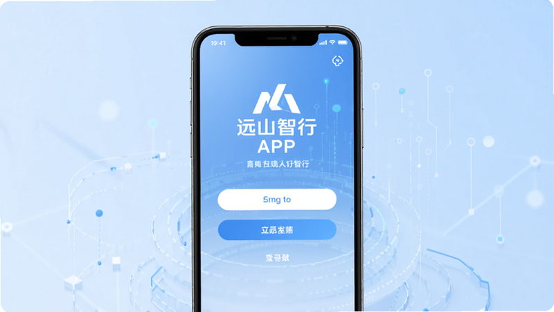 主体为远山智行APP登录界面,背景为淡雅的科技蓝渐变,布局居中,排版简洁大气,风格商务科技,细节展示品牌Logo,画质高清,干净无水印