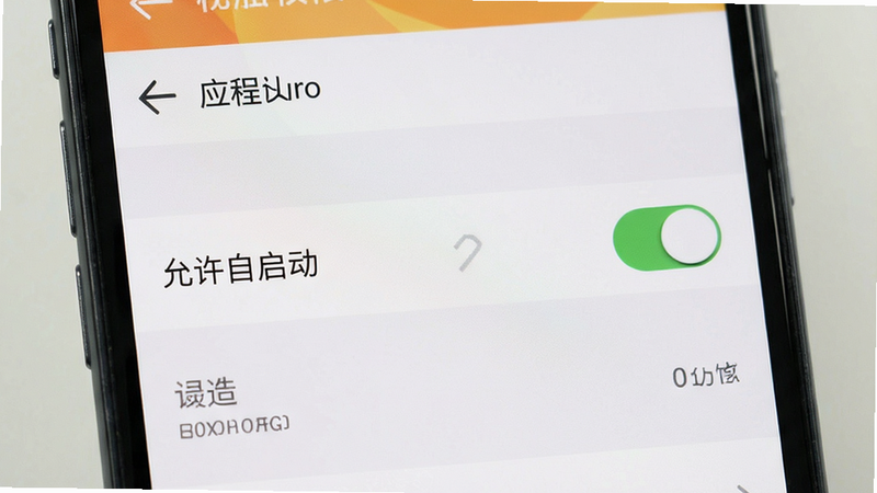 主体为手机设置界面截图,显示应用权限管理页面,布局清晰,排版标准,风格系统原生UI,细节展示“允许自启动”开关状态,画质清晰,干净背景