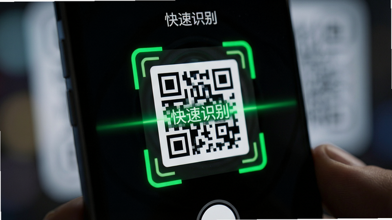 一张特写镜头图片,聚焦于手机摄像头扫描一个二维码的瞬间,背景虚化,突出扫描框内的绿色确认光线,画面中隐约可见“快速识别”字样,构图紧凑,光影对比强烈,细节丰富,画质锐利,无多余元素,风格科技感十足