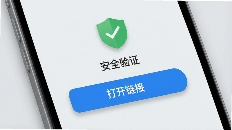 一张展示手机界面交互的图片,屏幕中央显示一个蓝色“打开链接”按钮,上方有一个绿色的安全盾牌图标,背景为浅灰色,布局上下分明,排版清晰,细节处有轻微的阴影效果,画质细腻,风格简约现代,文字“安全验证”清晰可见