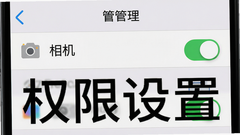 一张手机设置界面的截图风格图片,显示“权限管理”列表,其中“相机”和“存储”权限开关为绿色开启状态,背景为浅灰色,布局清晰,排版整齐,细节处有系统图标,画质清晰,风格扁平化,文字“权限设置”醒目显示