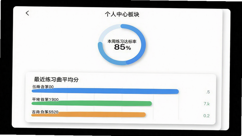 展示数据统计页面的界面设计,主体为《古筝世界》APP的个人中心板块,布局采用卡片式设计,上方显示一个环形进度图,标注“本周练习达标率85%”,下方列出三首最近练习曲目的平均分条形图,颜色分别为蓝色、绿色、橙色,背景为纯白色,字体简洁大方,细节处有微阴影效果,风格极简主义,画质清晰,无干扰元素