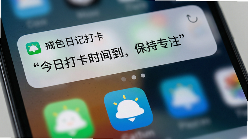 手机通知栏特写,显示来自“戒色日记打卡”的应用通知,内容为“今日打卡时间到,保持专注”,背景是模糊的手机桌面,风格写实,细节清晰,文字加引号“今日打卡时间到,保持专注”,布局上下结构,上方为通知卡片,下方为应用图标,风格简约,细节丰富,画质高清,干净,无多余元素,突出提醒功能的及时性,主体明确,排版紧凑,风格现代,细节逼真,画质4K,无水印,无杂乱背景。