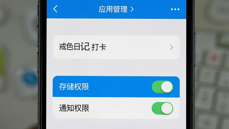 手机设置界面截图,显示“应用管理”中的“戒色日记打卡”选项,下方有高亮的“存储权限”和“通知权限”开关,风格写实,细节清晰,文字加引号“戒色日记打卡”、“存储权限”、“通知权限”,布局垂直列表,主体为设置卡片,风格简约,细节逼真,画质高清,干净,无多余元素,突出权限设置的重要性,排版清晰,主体突出,风格现代,细节精致,画质4K,无水印,无杂乱背景。