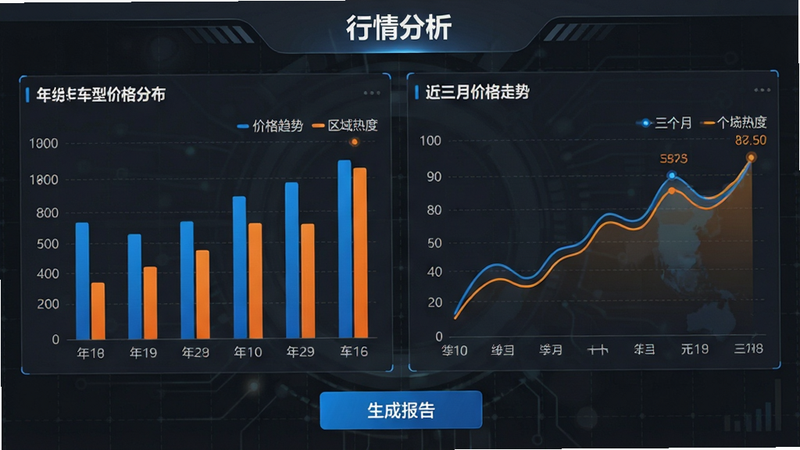 展示“二手车价格查询”APP的数据分析界面。左侧为柱状图,显示不同年份车型的价格分布;右侧为折线图,展示近三个月的价格走势。图表配色为科技蓝与橙色对比,背景为深灰色科技感网格。界面顶部有“行情分析”标题,底部有“生成报告”按钮。风格专业严谨,细节丰富,高清渲染,文字清晰:'价格趋势'、'区域热度'。