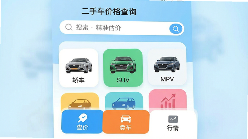 一张高清的智能手机界面展示图,主体为“二手车价格查询”APP首页。界面顶部显示搜索栏,中间是大面积的车型分类图标(如轿车、SUV、MPV),底部有“查价”、“卖车”、“行情”三个主要功能按钮。背景为干净的浅蓝色渐变,风格现代简约,UI设计扁平化,色彩明亮清新,4K高清,无多余水印,文字清晰可读:'二手车价格查询'、'精准估价'。