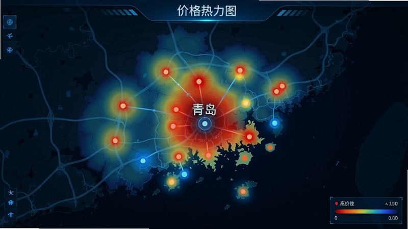 地图界面截图,中心点为青岛地理位置,周围辐射出多个数据点,代表不同区域的二手车价格热度。颜色从红到蓝渐变,红色代表高价区,蓝色代表低价区。界面简洁,无杂乱广告。风格科技感强,数据可视化清晰。文字标注:'青岛'、'价格热力图'。