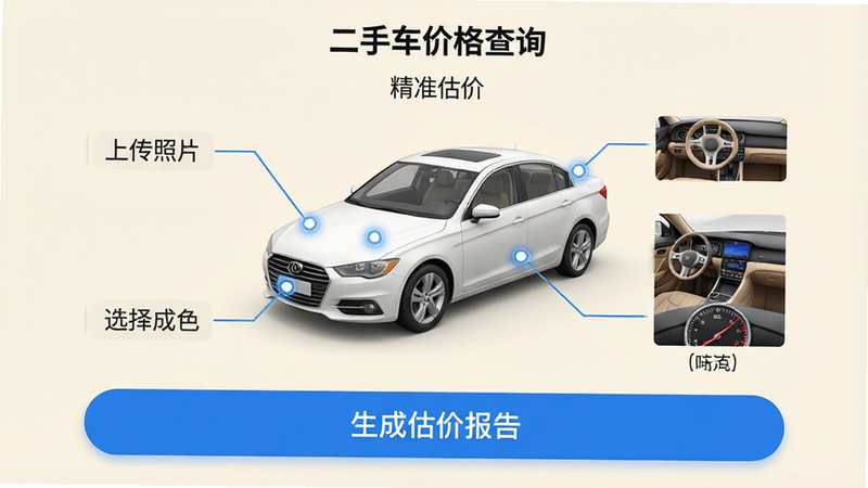 “二手车价格查询”APP的“精准估价”步骤引导界面。屏幕中央显示一辆白色轿车的3D模型,周围有四个标注点指向车漆、轮胎、内饰、仪表盘。底部有大号蓝色按钮“生成估价报告”。背景为柔和的米白色,光线均匀,无阴影干扰。风格简洁直观,引导性强,高清细节,文字标注清晰:'上传照片'、'选择成色'。