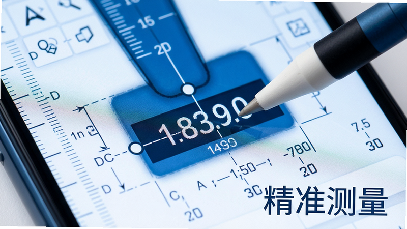 主体为手机屏幕局部特写,显示CAD专业快看图中的测量工具正在操作,布局聚焦于触控笔点击的两个点及中间的数值显示,排版紧凑,风格为工程蓝专业色调,细节体现刻度线与数值精度,画质清晰锐利,干净背景,文字