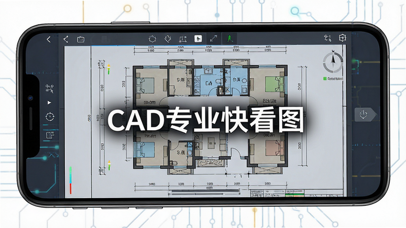主体为手机屏幕界面,显示CAD专业快看图应用正在加载一张复杂的建筑平面图,布局简洁现代,排版清晰,风格为扁平化科技风,细节处体现线条精准与色彩专业,画质4k高清,干净无多余元素,文字