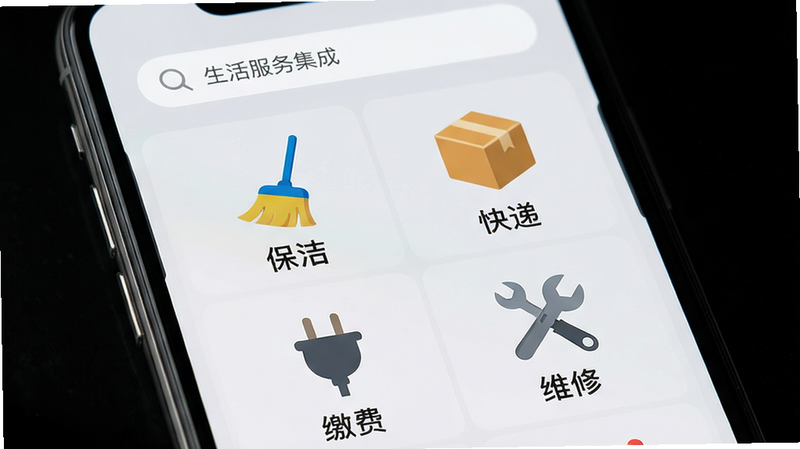 �ֻ���Ļչʾ������񼯳�ҳ�棬����Ϊ���������·����񲼾���ʾ�ĸ���ͼ�꣺ɨ�㣨���ࣩ����������ݣ�����ͷ���ɷѣ������֣�ά�ޣ���ÿ��ͼ���·��м������˵�����������࣬ͼ��ɫ�����޵������ִ��ۣ�����Ϊǳ��ɫ��ͻ��ͼ�����壬UI���רҵ��������Ԫ�أ��߷ֱ��ʡ�
