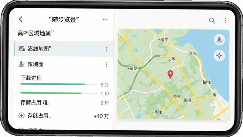 主体为手机屏幕特写,显示“随步览景”APP内的离线地图下载页面,界面左侧为区域选择列表,右侧为地图预览图,布局左右分栏,排版清晰,风格为扁平化UI设计,细节显示下载进度条与存储占用量,画质高清,干净,无多余元素,文字