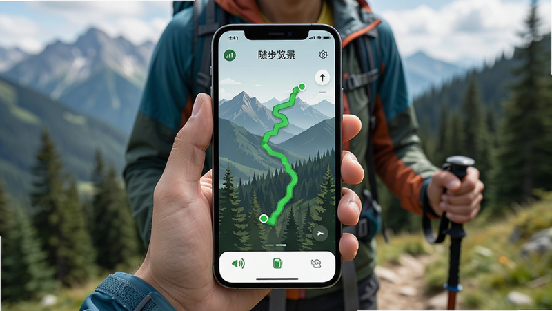 主体为一张高清户外徒步场景图,一位穿着运动装备的用户手持智能手机,手机屏幕清晰显示“随步览景”APP界面,界面中心为绿色高精度轨迹线,周围环绕着山峰与森林背景,布局采用中心聚焦式,排版简洁现代,风格为写实摄影与UI设计结合,细节丰富显示GPS信号图标与电量状态,画质4K高清,干净无多余元素,文字