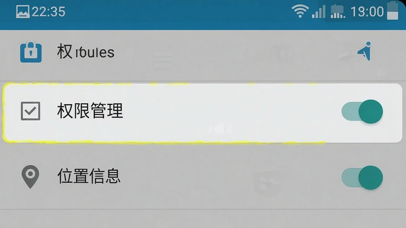 主体为安卓手机设置界面截图,高亮显示“权限管理”和“位置信息”选项,布局垂直排列,风格标准安卓UI,细节包含勾选框和开关状态,画质清晰,干净无干扰元素