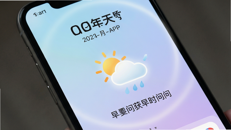 主体为手机屏幕展示“早安天气”APP界面,布局清晰,顶部显示时间与日期,中间是动态天气图标(如太阳或云朵),下方排列简短的早安问候语文字,背景为柔和的渐变色(如淡蓝到浅紫),风格清新简约,细节处有轻微的光晕效果,画质高清,干净无多余元素