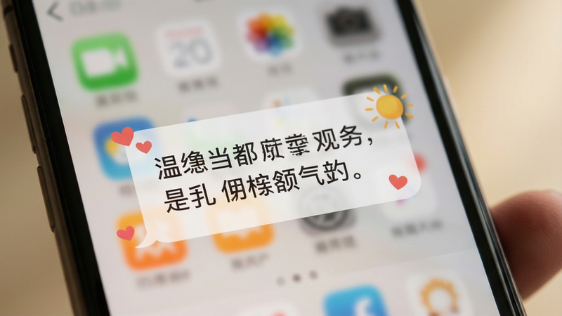 主体为手机界面特写,显示一条温馨的早安问候消息气泡,背景模糊处理突出前景文字,布局居中,风格温馨治愈,细节包含微小的爱心或阳光图标点缀,画质细腻,干净无杂乱背景