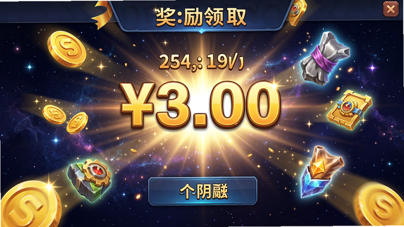 展示游戏内的奖励领取界面,金币和材料在飞舞,背景是星空,布局充满动感,排版突出奖励数量,风格喜庆且富有吸引力,细节光效丰富,画质高清,干净,无多余元素