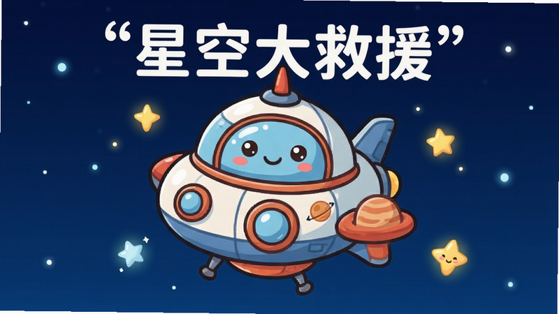 主体为卡通风格的太空救援飞船,背景是深蓝色星空,飞船周围有发光的星星点缀,布局居中,排版简洁,风格清新可爱,细节丰富,画质高清,干净,无多余元素,文字