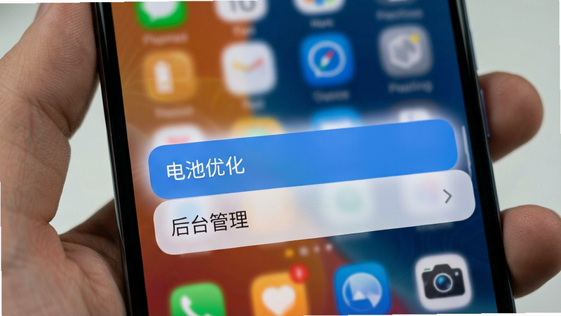 展示手机设置界面,高亮显示“电池优化”和“后台管理”选项,背景是模糊的手机桌面,布局清晰,排版规范,风格简约科技,细节文字清晰,画质高清,干净,无多余元素