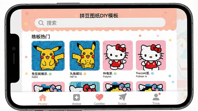 主体为手机屏幕界面,显示“拼豆图纸DIY模板”APP首页,布局清晰,顶部为搜索栏,中部展示热门拼豆模板缩略图(如皮卡丘、Hello Kitty),底部为功能导航栏,风格为扁平化卡通设计,细节丰富,画质高清,干净无多余元素