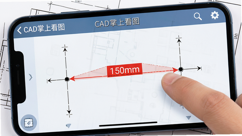 ����Ϊ�ֻ���Ļ����ʾ��CAD���Ͽ�ͼ���Ĳ������棬��ָ������Ļ�ϵ������㣬�м���ֺ�ɫ�����ľ�����ֵ��ע��150mm��������Ϊ��ɫ����ͼֽ�������������Ű�ͻ������׼ȷ�ԣ����רҵʵ�ã�ϸ�ڿɼ����������ߣ������������ɾ��޸���