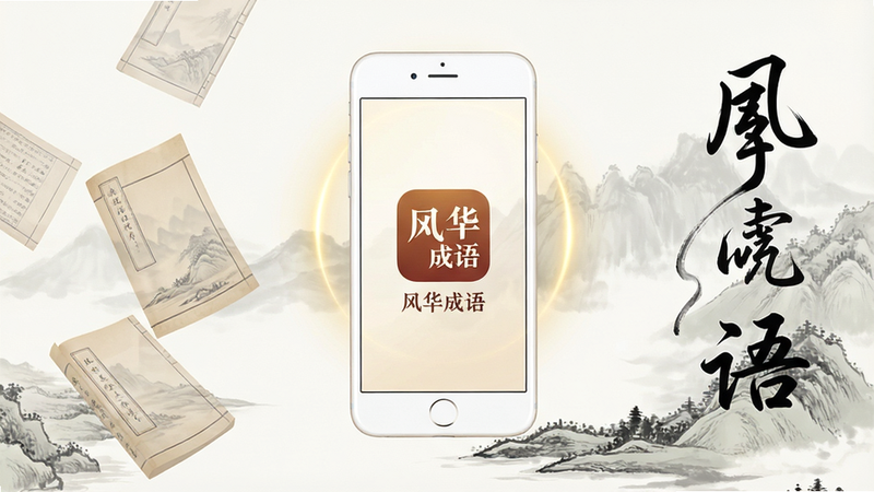 主体为一部悬浮在空中的白色现代智能手机,屏幕中央清晰显示应用图标及文字“风华成语”,背景为淡雅的水墨山水风格,左侧散落着半透明的古籍书页,右侧有飘逸的书法笔触装饰,整体布局居中对称,排版简洁大气,风格为新中式极简主义,细节处点缀金色光晕,画质4k高清,干净无多余元素
