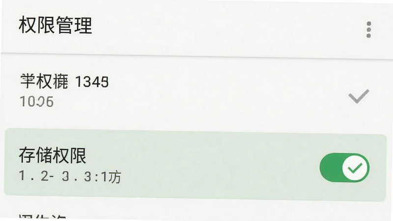 手机设置界面截图,显示“权限管理”页面,高亮显示“存储权限”已开启的状态,背景为安卓系统默认风格,布局清晰,文字清晰,风格简约,细节处有绿色对勾标识,画质清晰,无多余干扰元素