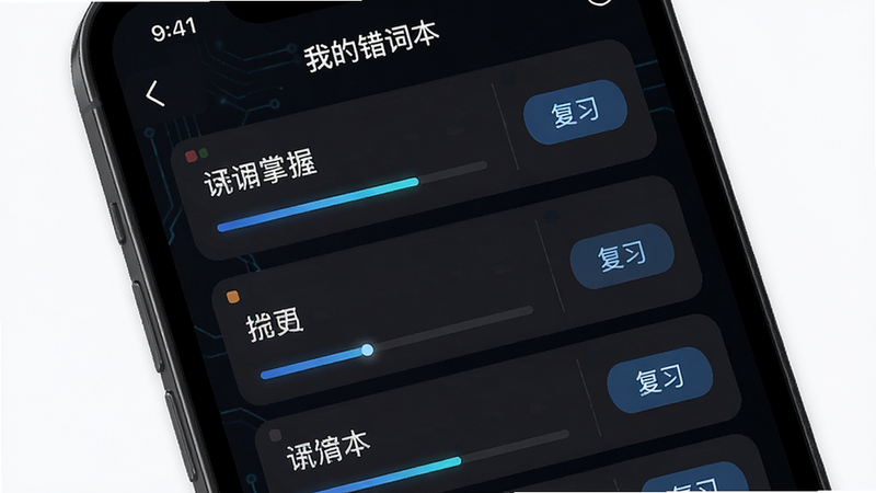 手机屏幕显示“我的错词本”界面,列表形式展示多个成语卡片,每个卡片右侧有“复习”按钮,背景为深色模式,突出屏幕内容,风格科技感,布局整齐,细节处有进度条显示掌握程度,画质清晰,无杂乱元素