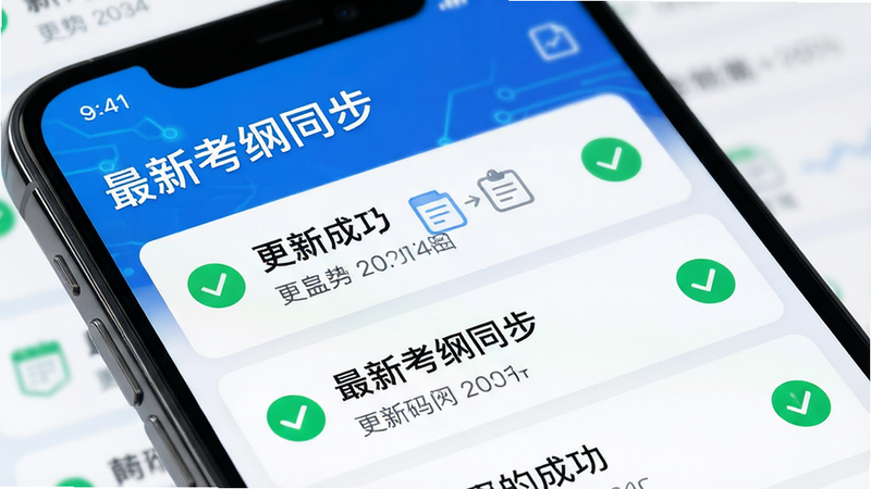 主体为手机应用界面,展示“最新考纲同步”模块,布局采用列表形式,排版紧凑有序,风格科技感蓝色背景,细节包含绿色对勾图标表示更新成功,画质清晰,干净,无多余元素