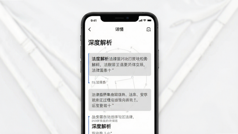 主体为手机应用详情页,显示“深度解析”板块,布局为上下结构,排版清晰易读,风格专业学术白底黑字,细节包含引用法律条文的灰色背景框,画质细腻,干净,无多余元素