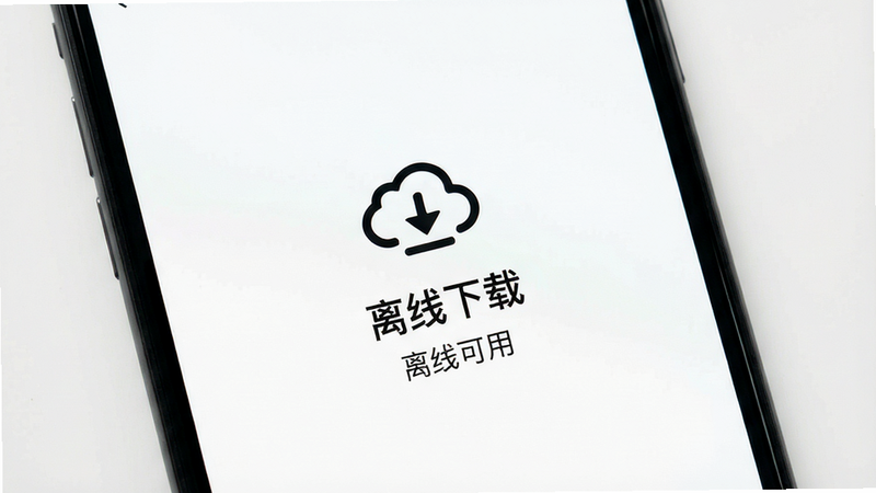 主体为手机屏幕,显示“离线下载”成功提示,布局简洁,排版居中显示,风格极简白色背景,细节包含云朵下载图标和“离线可用”字样,画质纯净,干净,无多余元素