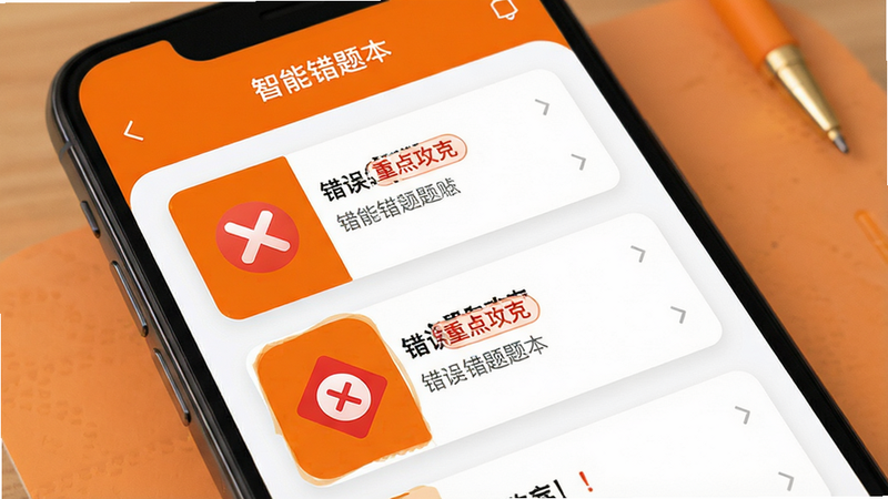 主体为手机屏幕,显示“智能错题本”界面,布局为卡片式列表,排版突出错误标记,风格警示橙与白色搭配,细节包含红色叉号图标和“重点攻克”标签,画质高清,干净,无多余元素