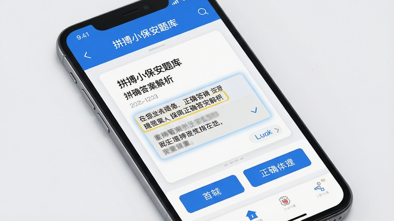 主体为手机屏幕显示“拼搏小保安题库”应用界面,布局清晰分为顶部导航、中部题目卡片和底部选项按钮,排版整齐现代,风格简洁商务蓝白配色,细节包含高亮显示的正确答案解析区域,画质高清,干净,无多余元素