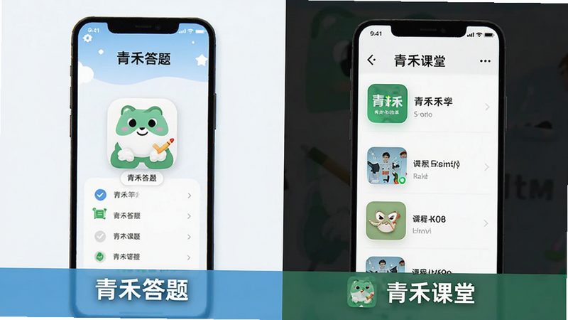 主体为青禾答题与青禾课堂对比图,布局左右分屏,左侧展示青禾答题简洁界面,右侧展示青禾课堂课程列表,排版对比鲜明,风格清晰直观,细节显示两者图标差异,画质清晰,干净无多余装饰,文字内容为“青禾答题”