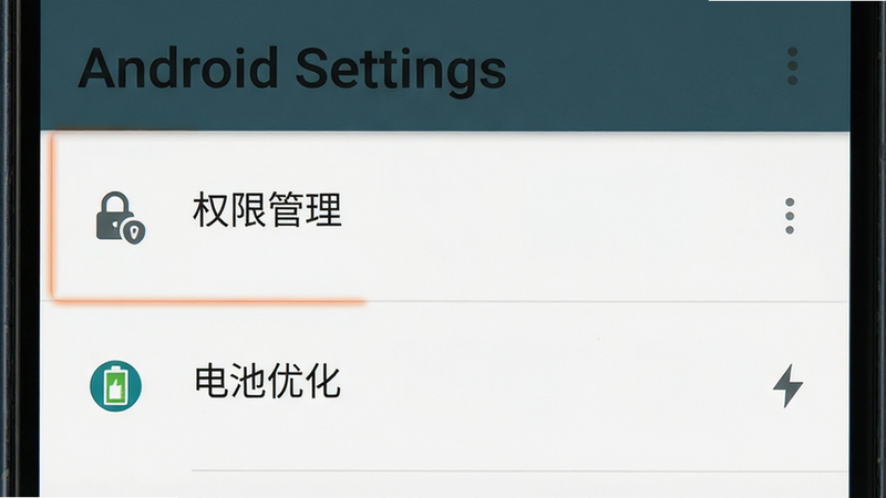 主体为安卓手机设置界面截图,布局上下结构,排版整洁,风格为UI设计展示,细节高亮显示“权限管理”和“电池优化”选项,背景为白色,画质清晰,干净,无多余元素,文字