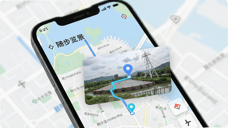 主体为手机屏幕,显示“随步览景”APP界面,布局为地图背景叠加实景视频窗口,排版清晰,风格为现代科技简约风,细节包含路线高亮和地标标记,画质高清,干净无多余元素