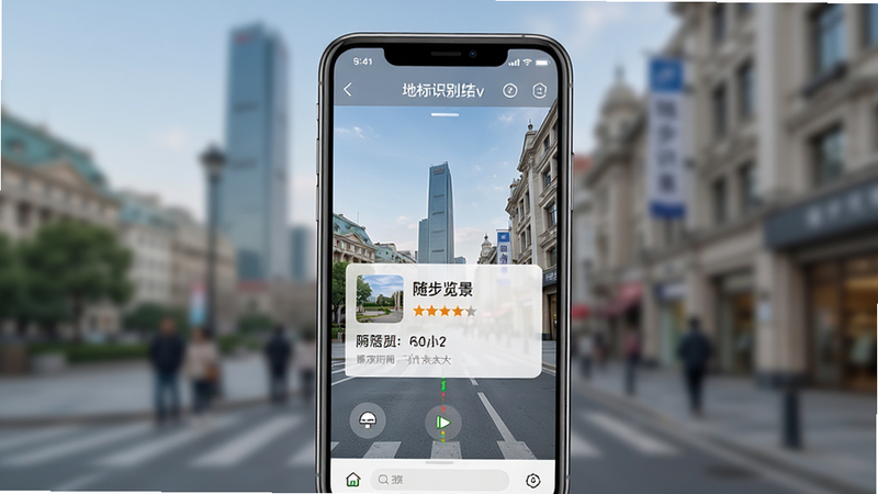 主体为手机界面,显示“随步览景”地标识别结果,布局为实景背景上叠加信息卡片,排版简洁明了,风格为实用主义,细节包含店铺名称和评分星级,画质高清,干净无多余元素