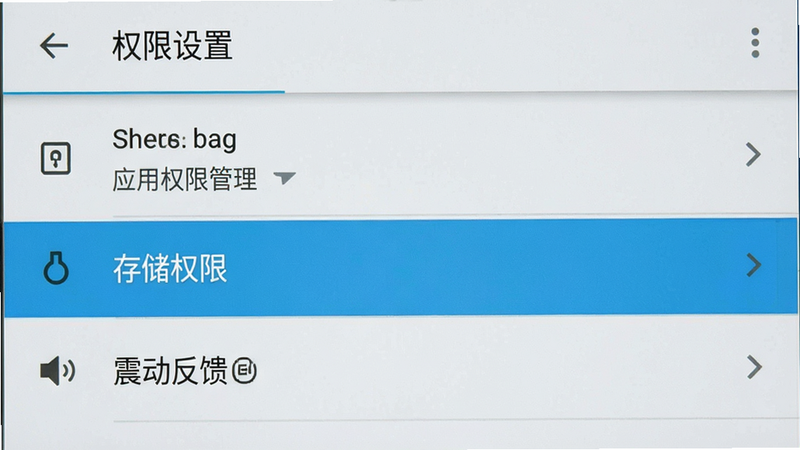主体为手机设置界面截图,显示“应用权限管理”页面,高亮显示“存储权限”和“震动反馈”选项,布局为列表式,风格为安卓系统原生UI,细节清晰,画质高,干净,无多余元素,文字