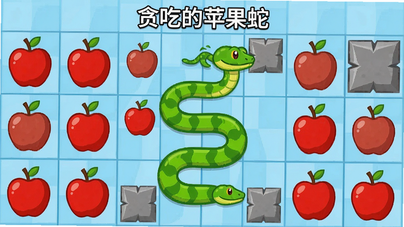 主体为一款名为“贪吃的苹果蛇”的安卓手机游戏界面截图,布局采用竖屏设计,中心是一条色彩鲜艳的绿色蛇身正在蜿蜒移动,周围散布着红色的苹果道具和灰色的障碍物,背景为简洁的浅蓝色网格,排版清晰,风格为卡通扁平化,细节丰富,画质高清,干净,无多余元素,文字