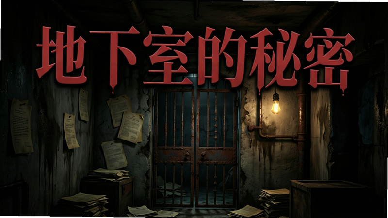 主体为游戏标题“地下室的秘密”居中显示,字体采用哥特式衬线体,深红色调;背景是昏暗的地下室场景,包含生锈的铁门、散落的旧文件和闪烁的灯泡;布局上下分层,上方标题醒目,下方场景深邃;排版紧凑,突出悬疑氛围;风格为暗黑写实主义,高对比度光影;细节丰富,如墙上的污渍和角落的阴影;画质8k,清晰锐利,无多余元素