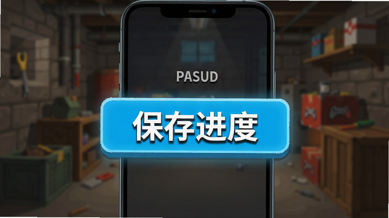 主体为手机屏幕显示游戏暂停界面,背景为模糊的地下室场景,前景突出“保存进度”按钮;布局居中,按钮醒目;排版简洁明了;风格为UI界面设计,扁平化;细节包括按钮的高亮效果和文字阴影;画质清晰,无像素感