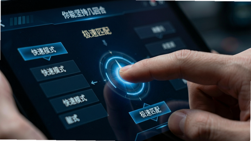展示《你能坚持几回合》内部对战界面的特写镜头,焦点集中在手指触碰屏幕的瞬间,周围泛起微弱的蓝色光晕以象征极速响应。背景虚化处理,突出前景的操作流畅感。布局紧凑,文字标签清晰可见,如“快速模式”、“极速匹配”等字样,风格科技简约,细节精致,画质清晰,无杂乱背景干扰。