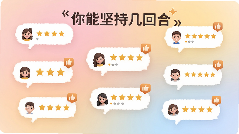 《你能坚持几回合》用户评价汇总图,展示多个五星好评气泡,背景为柔和的渐变色。布局散点分布,体现用户群体的广泛认可。风格温馨积极,细节处有虚拟用户头像与点赞图标,画质柔和,无杂乱文字,突出正面口碑。