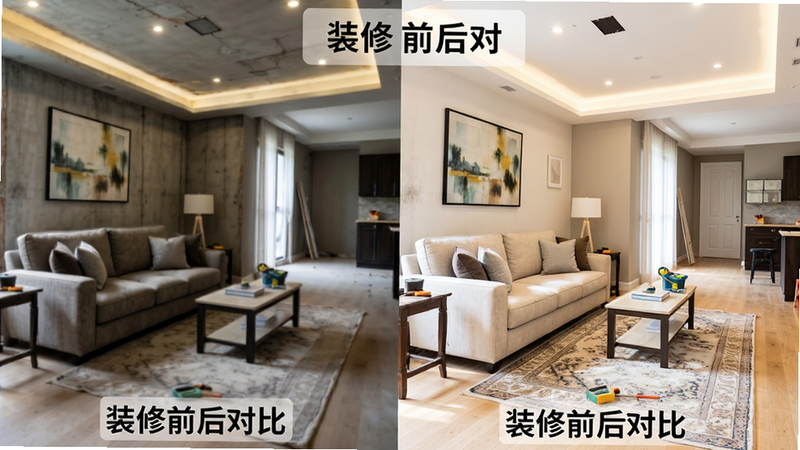 Boogu-Image风格,主体为别墅内部装修过程,布局为分屏对比,左侧为毛坯状态,右侧为装修完成状态,排版左右对称,风格为明亮室内光效,细节展示沙发摆放、挂画装饰、地毯铺设,画质细腻,干净背景,无多余元素,文字标注“装修前后对比”