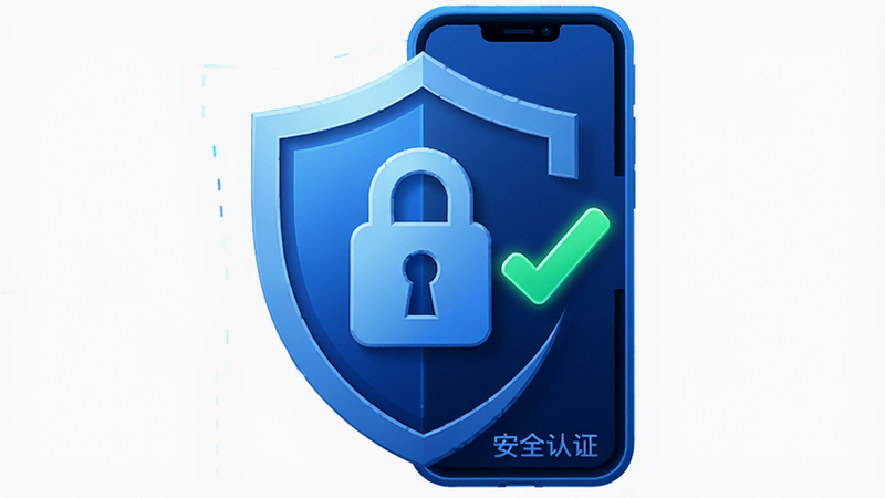 Boogu-Image风格,主体为盾牌图标与手机结合的图形,布局为居中构图,排版简洁有力,风格为科技感蓝色调,细节展示锁形符号、对勾标记,画质清晰,干净背景,无多余元素,文字标注“安全认证”
