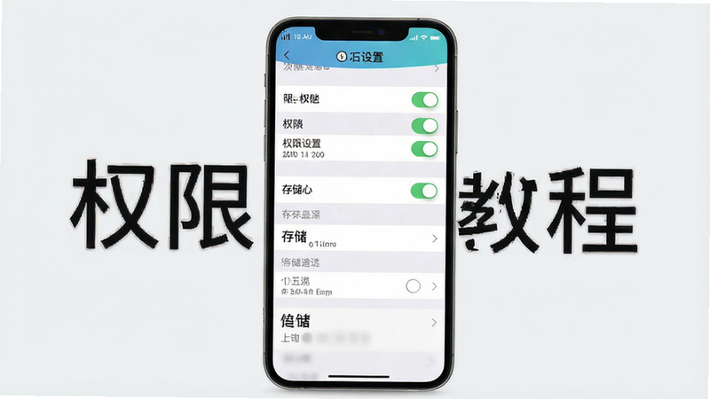 Boogu-Image风格,主体为手机设置界面截图,布局为垂直列表,排版清晰明了,风格为扁平化UI设计,细节展示权限开关、存储选项,画质清晰,干净背景,无多余元素,文字标注“权限设置教程”