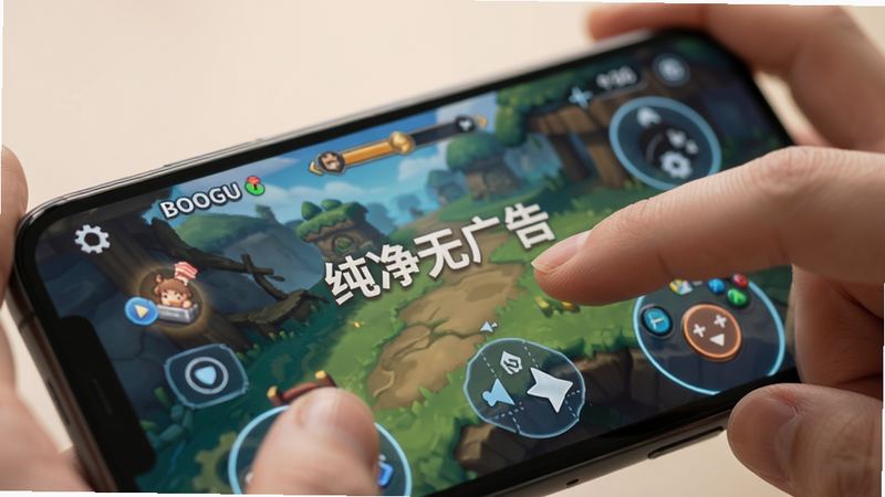 Boogu-Image风格,主体为手机屏幕显示游戏界面,布局为特写镜头,排版聚焦于操作界面,风格为科技感与温馨感结合,细节展示手指点击屏幕、界面UI元素,画质柔和,干净背景,无多余元素,文字标注“纯净无广告”